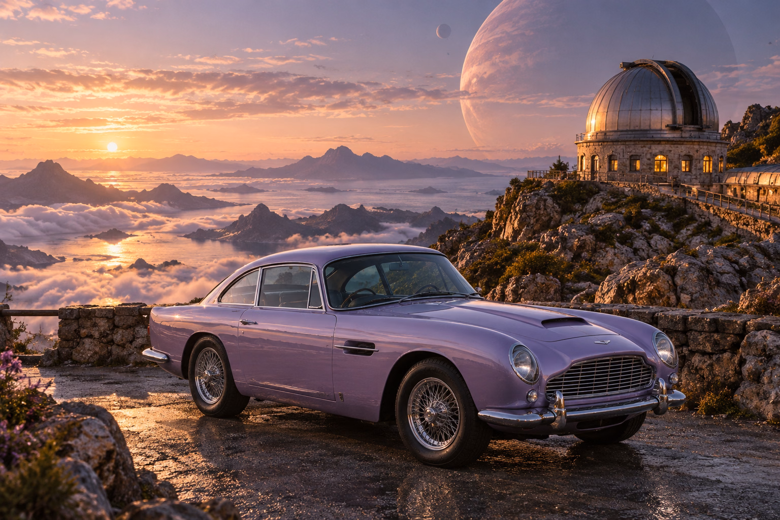 AI-generated lavender classic luxury coupe in Wanderer’s Rest. An observatory offers a place to pause between journeys.