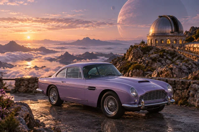 AI-generated lavender classic luxury coupe in Wanderer’s Rest. An observatory offers a place to pause between journeys.