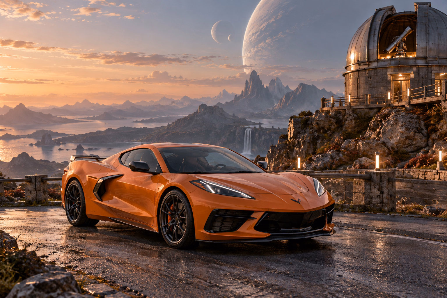 AI-generated orange mid-engine sports coupe in Wanderer’s Rest. An observatory offers a place to pause between journeys.