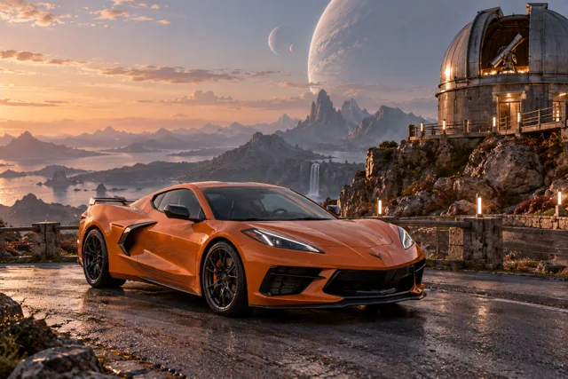 AI-generated orange mid-engine sports coupe in Wanderer’s Rest. An observatory offers a place to pause between journeys.
