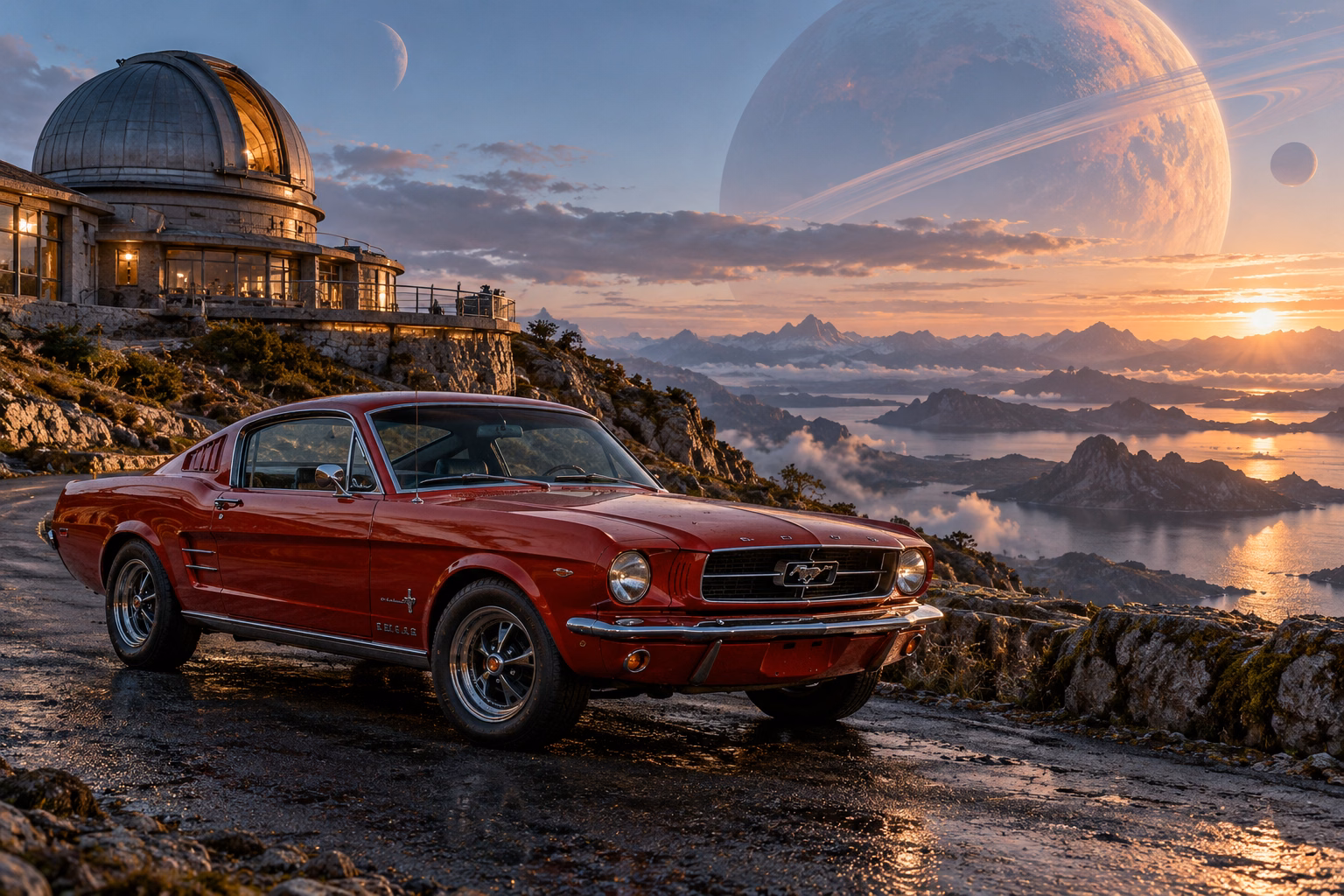 AI-generated red classic fastback in Wanderer’s Rest. An observatory offers a place to pause between journeys.
