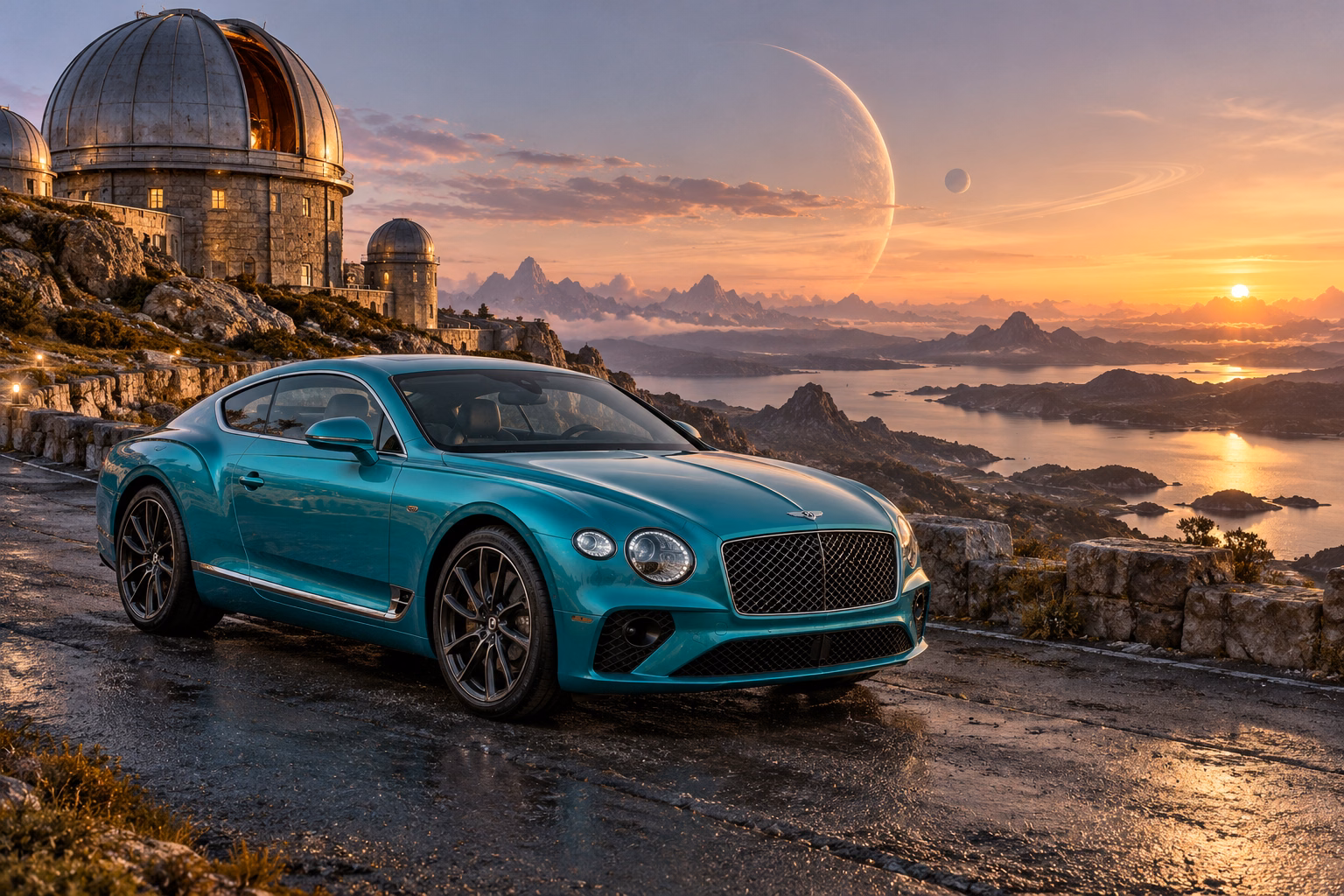 AI-generated turquoise performance touring coupe in Wanderer’s Rest. An observatory offers a place to pause between journeys.