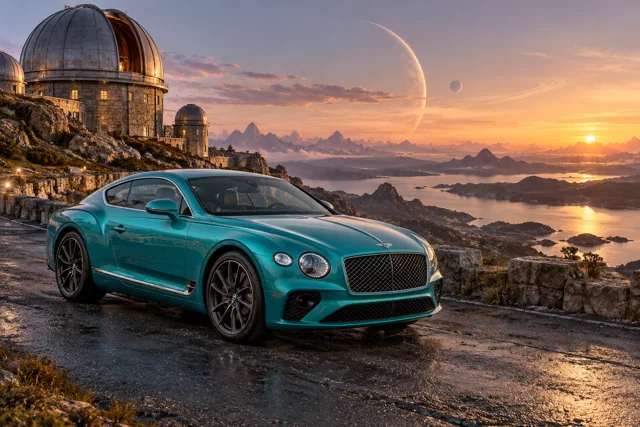 AI-generated turquoise performance touring coupe in Wanderer’s Rest. An observatory offers a place to pause between journeys.