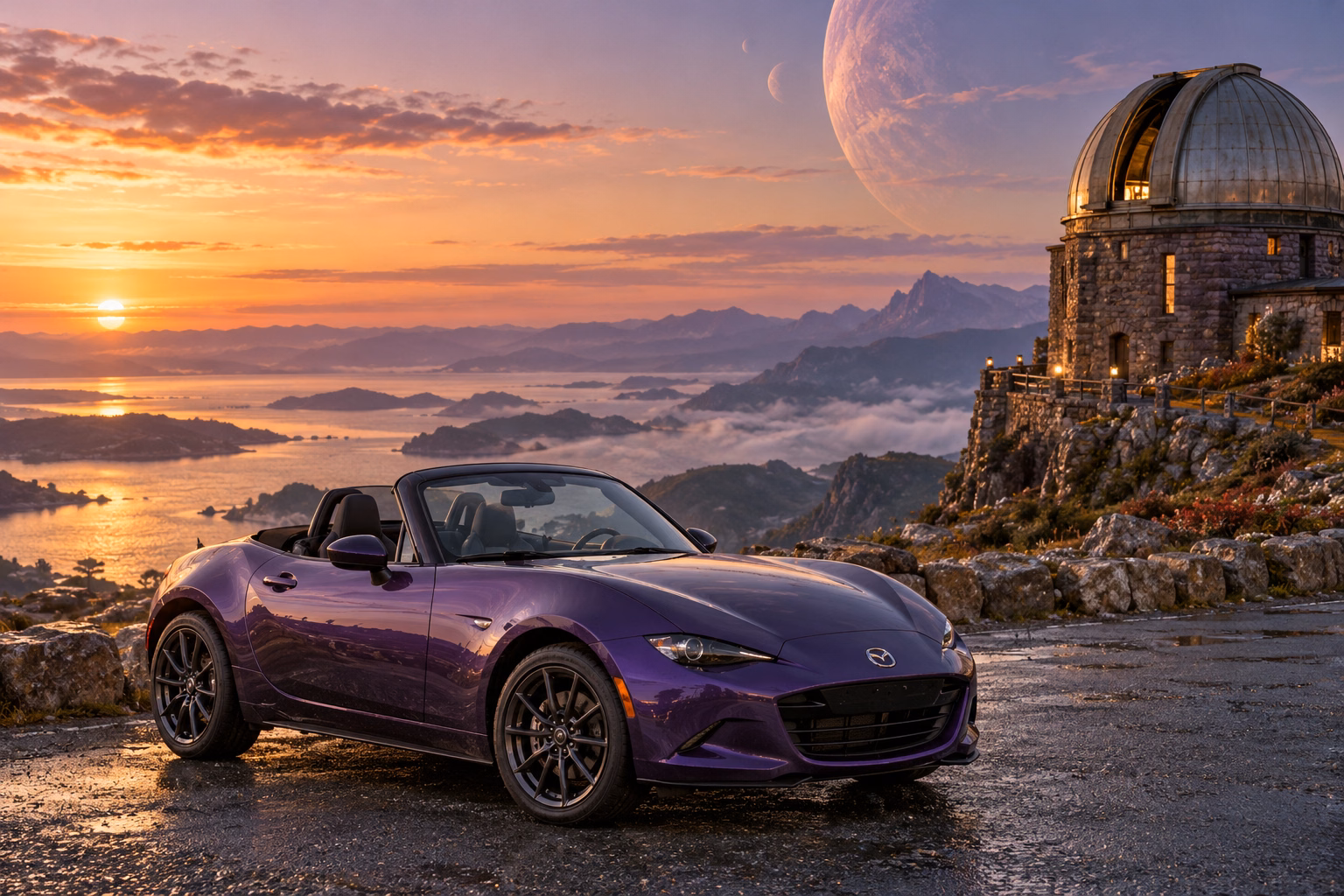 AI-generated violet open-top roadster in Wanderer’s Rest. An observatory offers a place to pause between journeys.