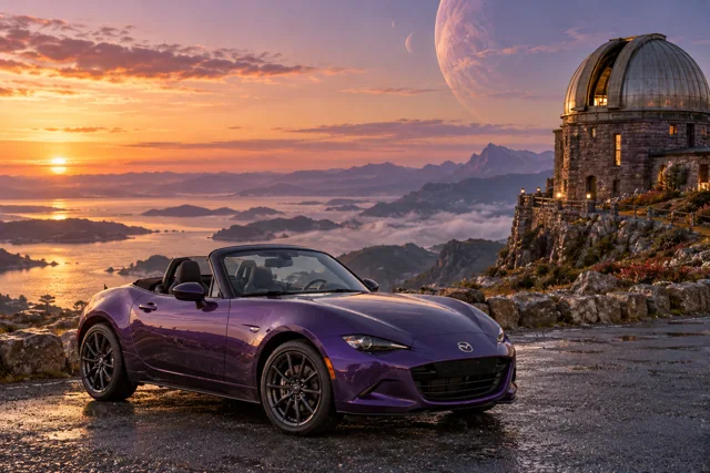 AI-generated violet open-top roadster in Wanderer’s Rest. An observatory offers a place to pause between journeys.