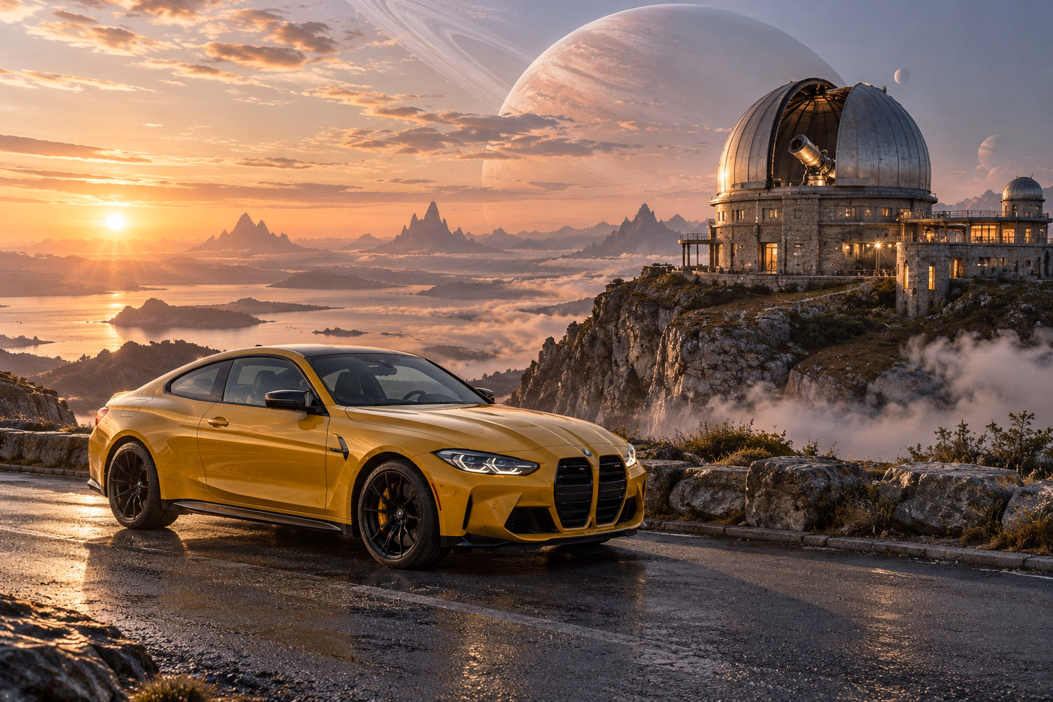 AI-generated yellow performance coupe in Wanderer’s Rest. An observatory offers a place to pause between journeys.