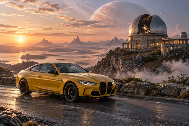 AI-generated yellow performance coupe in Wanderer’s Rest. An observatory offers a place to pause between journeys.