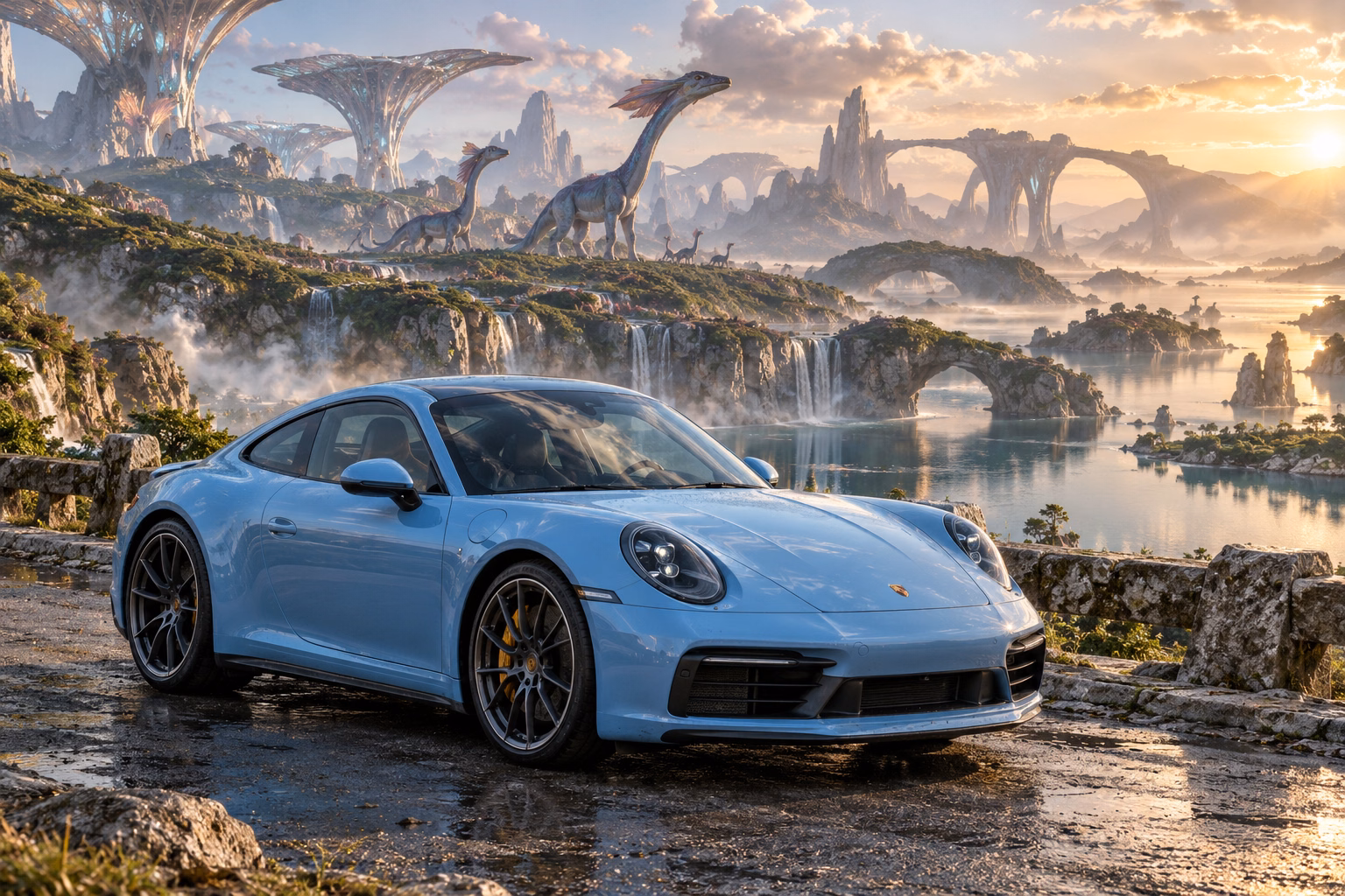AI-generated baby blue sports coupe in Wishfall. An extravagant landscape makes room for impossible creatures.