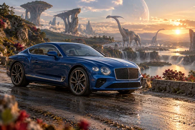 AI-generated blue grand touring coupe in Wishfall. An extravagant landscape makes room for impossible creatures.