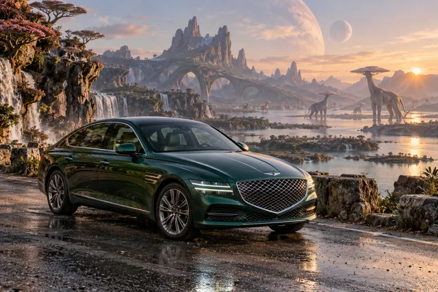 AI-generated green luxury sedan in Wishfall. An extravagant landscape makes room for impossible creatures.