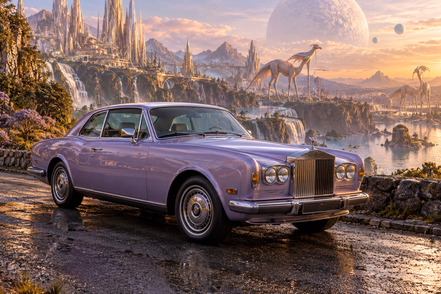 AI-generated lavender classic luxury coupe in Wishfall. An extravagant landscape makes room for impossible creatures.