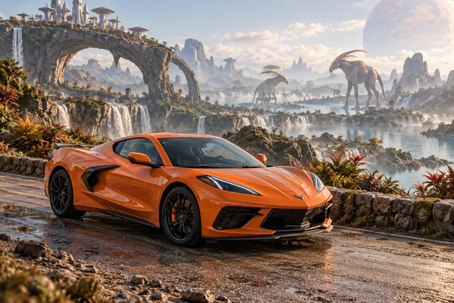 AI-generated orange mid-engine sports coupe in Wishfall. An extravagant landscape makes room for impossible creatures.