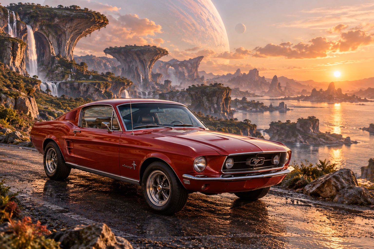 AI-generated red classic fastback in Wishfall. An extravagant landscape makes room for impossible creatures.