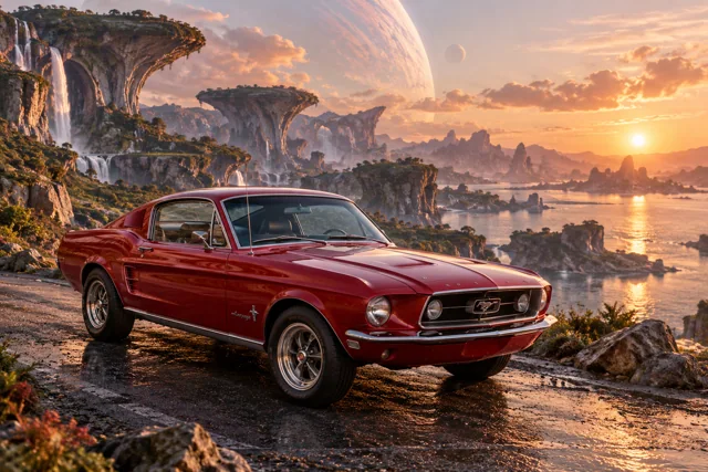 AI-generated red classic fastback in Wishfall. An extravagant landscape makes room for impossible creatures.