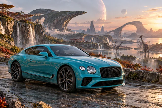 AI-generated turquoise performance touring coupe in Wishfall. An extravagant landscape makes room for impossible creatures.
