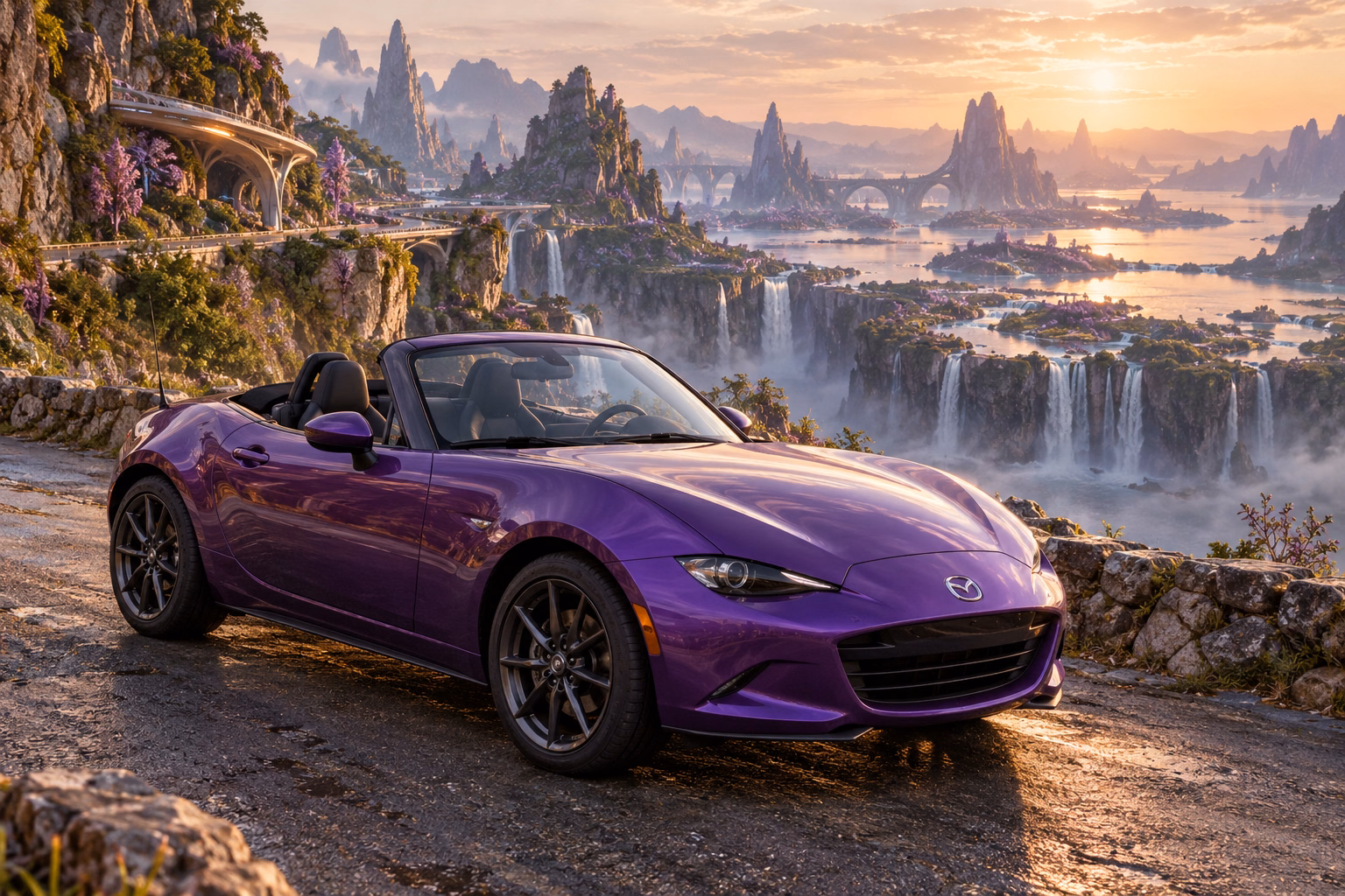 AI-generated violet open-top roadster in Wishfall. An extravagant landscape makes room for impossible creatures.