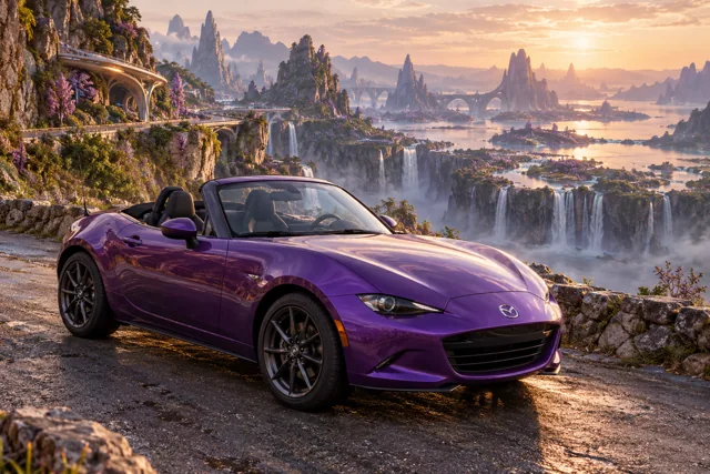 AI-generated violet open-top roadster in Wishfall. An extravagant landscape makes room for impossible creatures.
