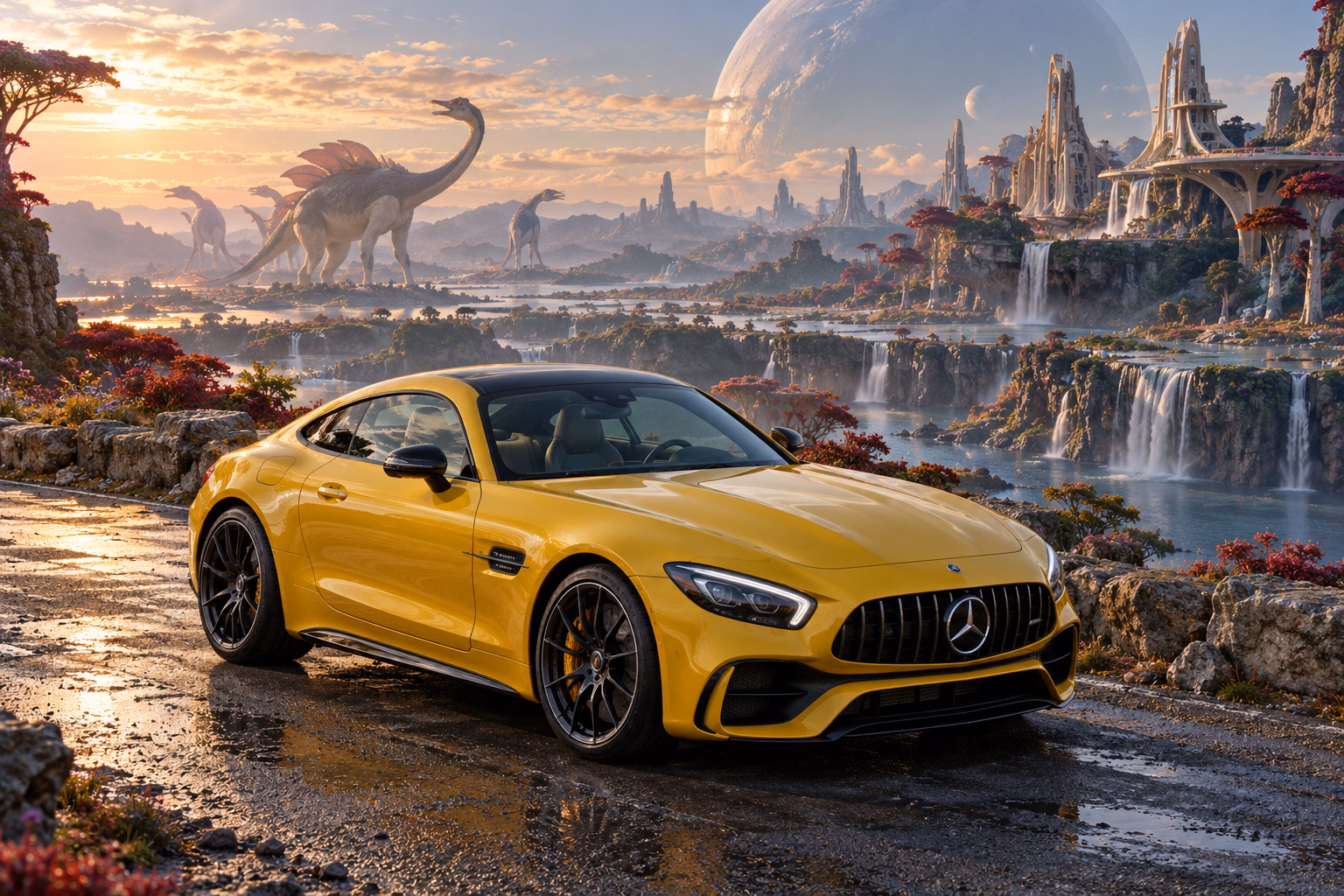 AI-generated yellow performance coupe in Wishfall. An extravagant landscape makes room for impossible creatures.