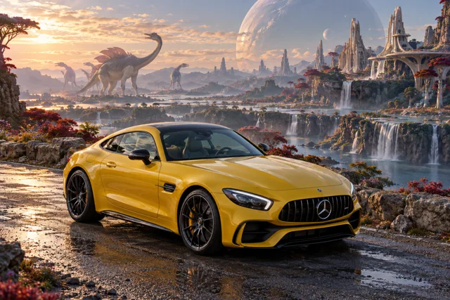 AI-generated yellow performance coupe in Wishfall. An extravagant landscape makes room for impossible creatures.