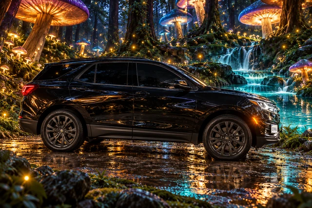Donna Dew’s black 2025 Chevrolet Equinox. Black Equinox in a Firefly Mushroom Forest. Fictional automotive artwork.