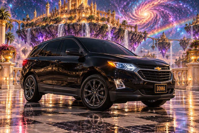 Donna Dew’s black 2025 Chevrolet Equinox. Black Equinox on a cosmic sandcastle island. Fictional automotive artwork.