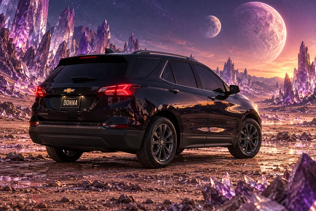 Donna Dew’s black 2025 Chevrolet Equinox. Black Equinox in the Violet Crystal Desert. Fictional automotive artwork.