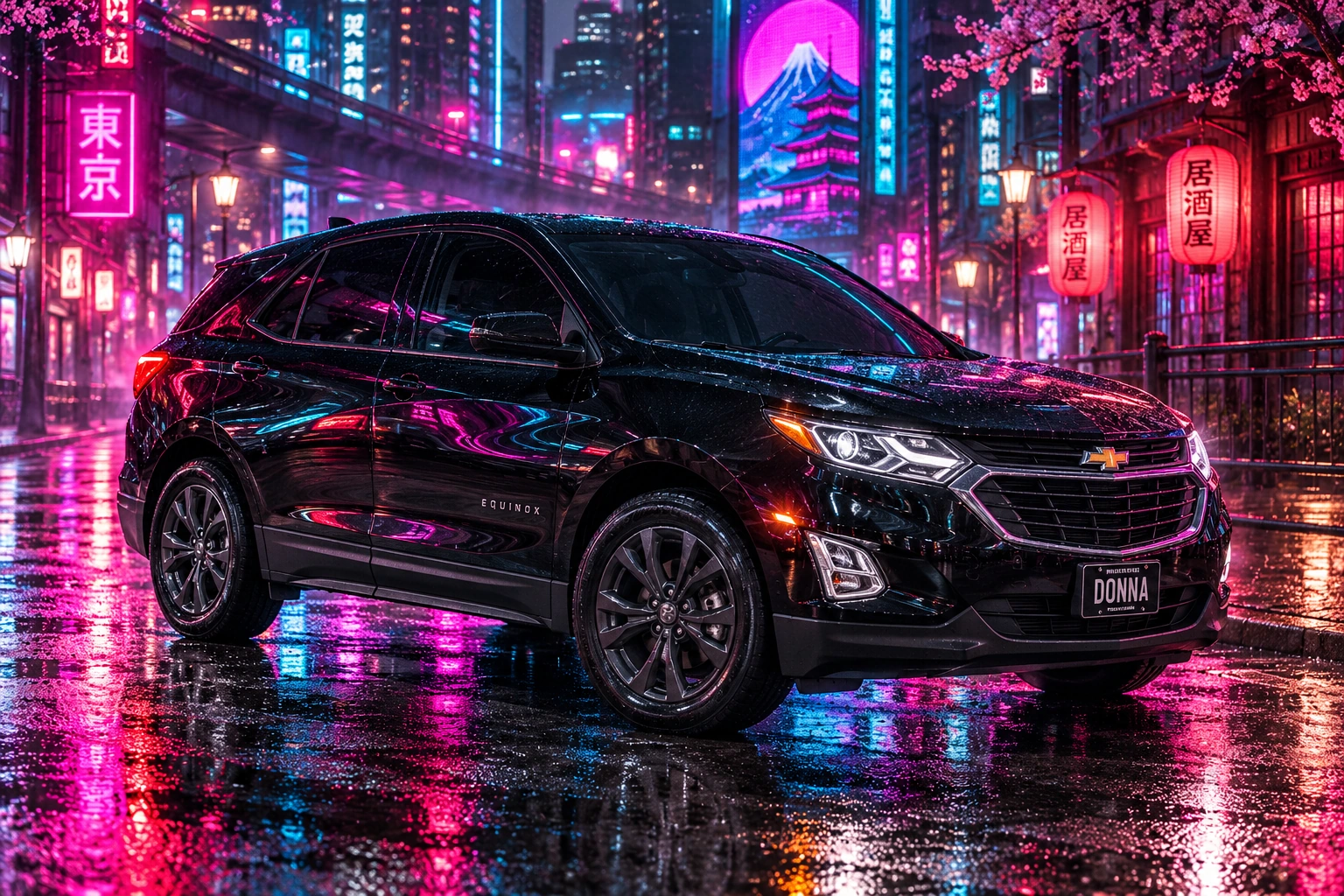 Donna Dew’s black 2025 Chevrolet Equinox. Black Equinox in Neon Tokyo Rain. Fictional automotive artwork.