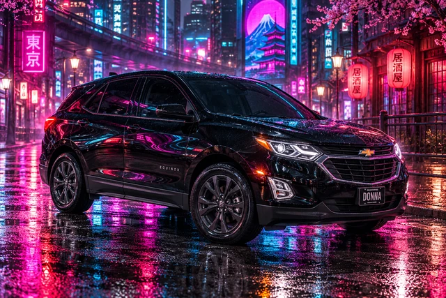 Donna Dew’s black 2025 Chevrolet Equinox. Black Equinox in Neon Tokyo Rain. Fictional automotive artwork.