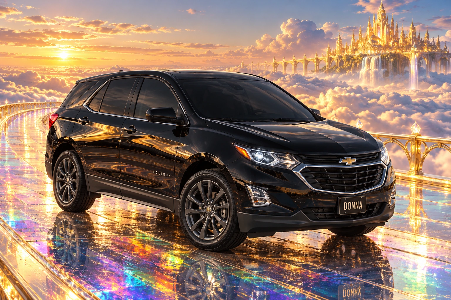 Donna Dew’s black 2025 Chevrolet Equinox. Black Equinox on Rainbow Glass Highway. Fictional automotive artwork.