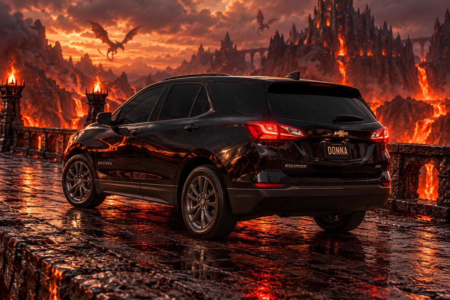 Donna Dew’s black 2025 Chevrolet Equinox. Black Equinox over lava with dragons. Fictional automotive artwork.