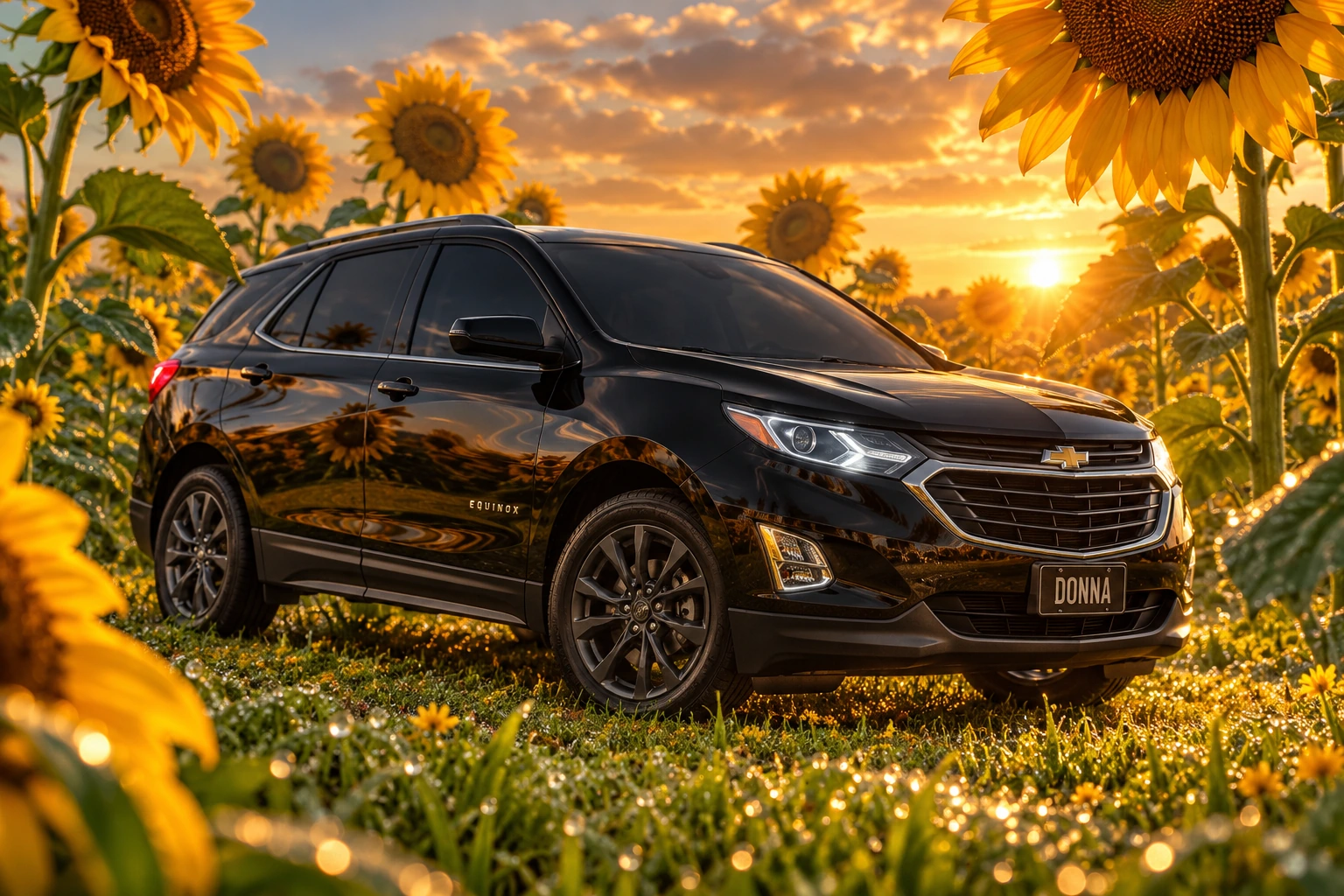 Donna Dew’s black 2025 Chevrolet Equinox. Black Equinox in a Dewy Sunflower Meadow. Fictional automotive artwork.