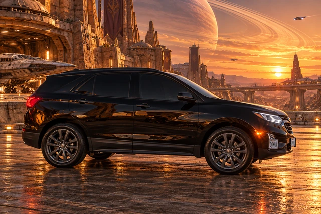 Donna Dew’s black 2025 Chevrolet Equinox. Black Equinox at a Ringed Spaceport. Fictional automotive artwork.