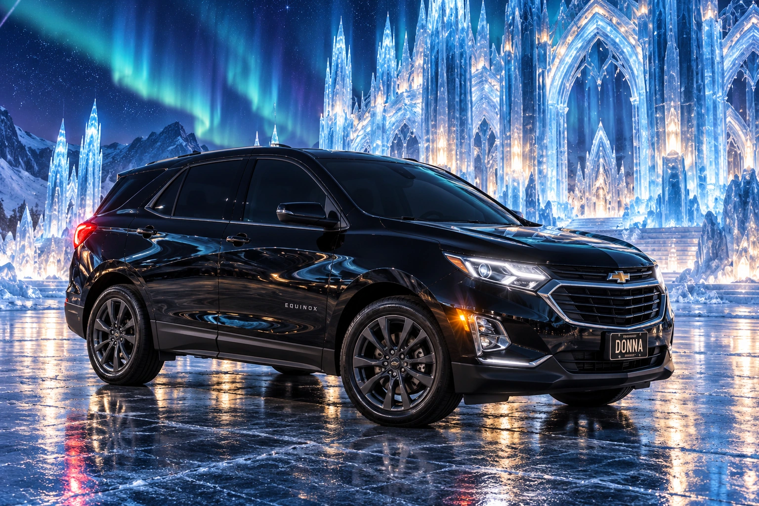 Donna Dew’s black 2025 Chevrolet Equinox. Black Chevrolet Equinox at the Ice Cathedral. Fictional automotive artwork.