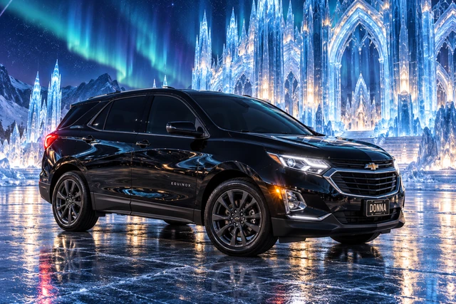 Donna Dew’s black 2025 Chevrolet Equinox. Black Chevrolet Equinox at the Ice Cathedral. Fictional automotive artwork.