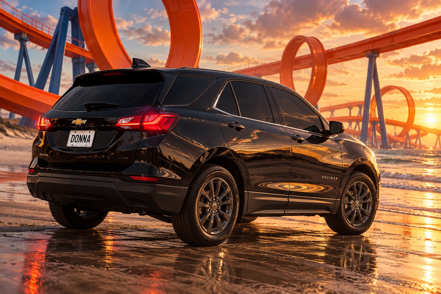 Donna Dew’s black 2025 Chevrolet Equinox. Black Equinox on the Giant Orange Loop. Fictional automotive artwork.