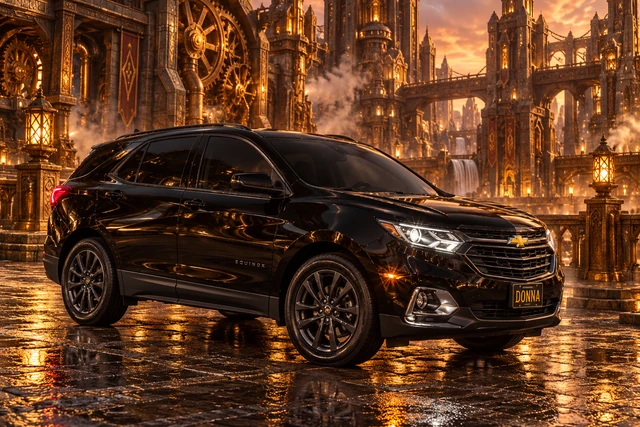 Donna Dew’s black 2025 Chevrolet Equinox. Black Equinox in a copper gear city. Fictional automotive artwork.