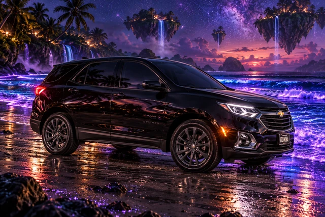 Donna Dew’s black 2025 Chevrolet Equinox. Black Equinox on a Bioluminescent Beach. Fictional automotive artwork.