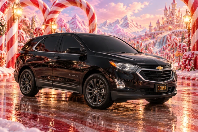 Donna Dew’s black 2025 Chevrolet Equinox. Black Equinox in Peppermint Kingdom. Fictional automotive artwork.