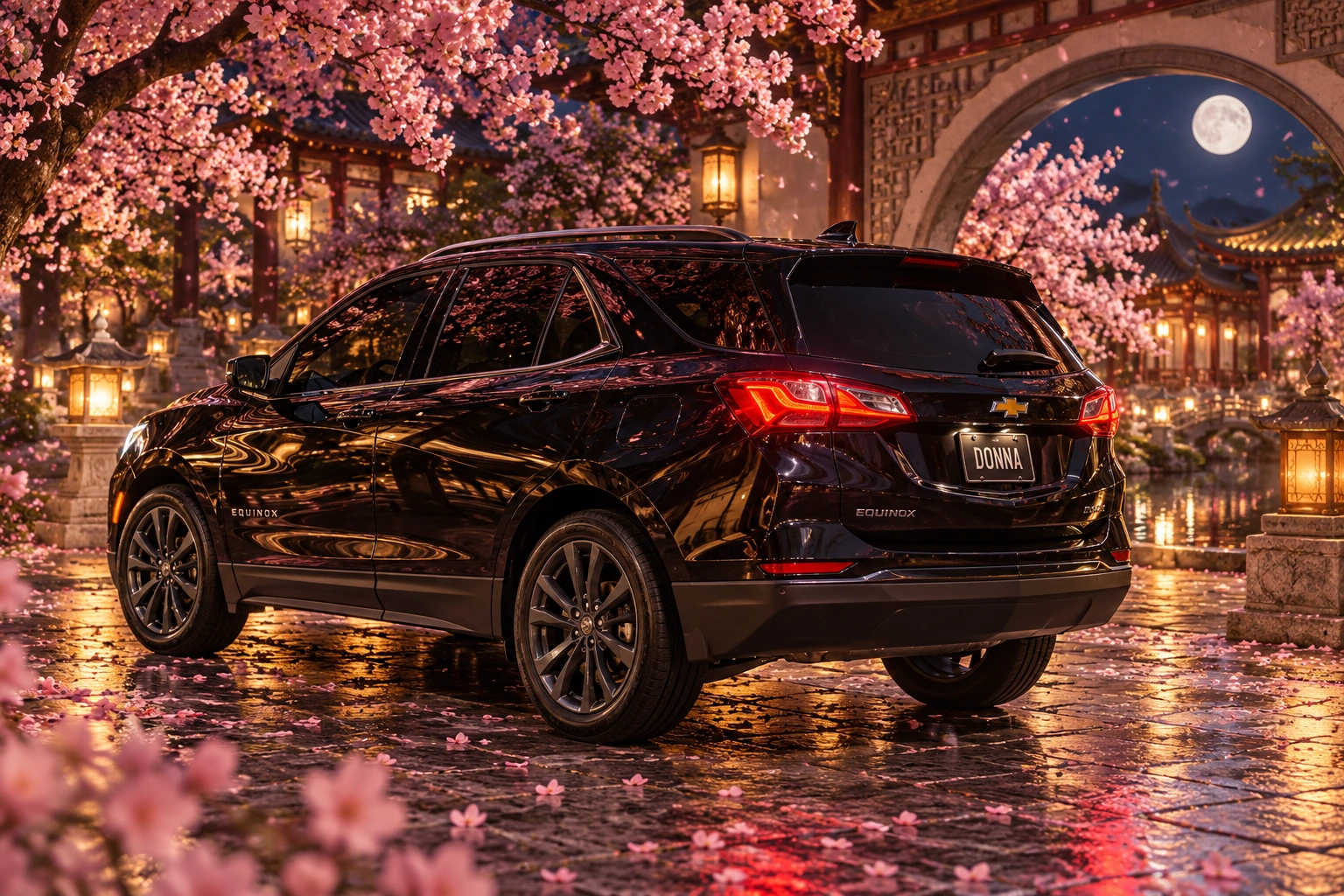 Donna Dew’s black 2025 Chevrolet Equinox. Black Equinox amid cherry blossoms. Fictional automotive artwork.