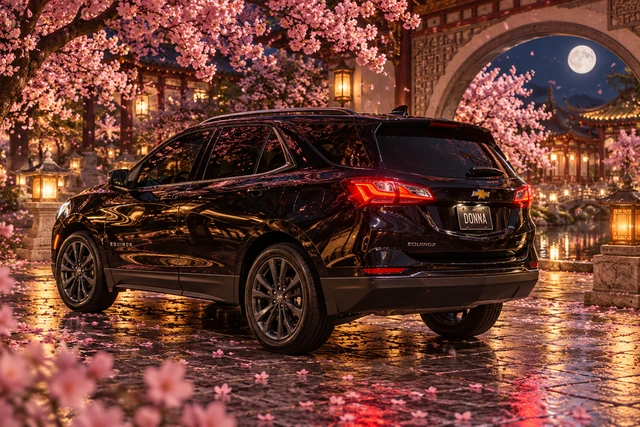 Donna Dew’s black 2025 Chevrolet Equinox. Black Equinox amid cherry blossoms. Fictional automotive artwork.