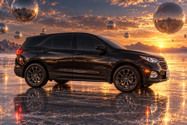Donna Dew’s black 2025 Chevrolet Equinox. Black Equinox on Alien Salt Flats. Fictional automotive artwork.