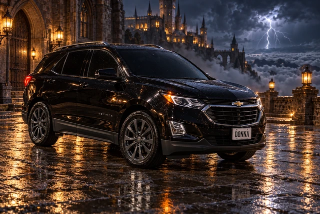 Donna Dew’s black 2025 Chevrolet Equinox. Stormlit Black Equinox at the Castle. Fictional automotive artwork.