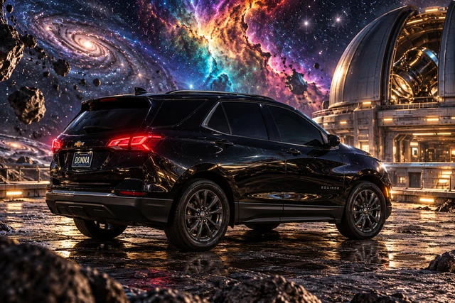 Donna Dew’s black 2025 Chevrolet Equinox. Black Equinox Beneath a Rainbow Nebula. Fictional automotive artwork.