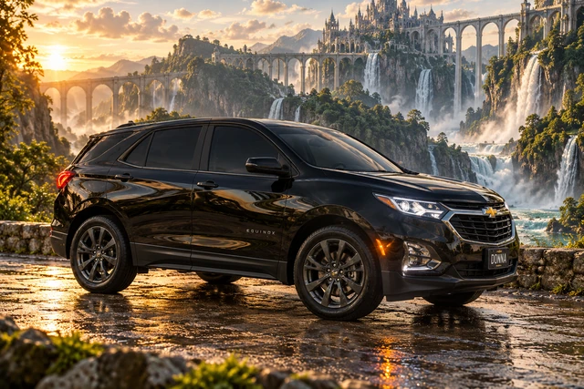 Donna Dew’s black 2025 Chevrolet Equinox. Black Equinox in an Emerald Waterfall Valley. Fictional automotive artwork.