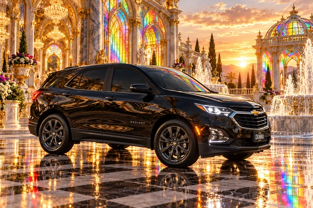 Donna Dew’s black 2025 Chevrolet Equinox. Black Equinox in Rainbow Palace. Fictional automotive artwork.