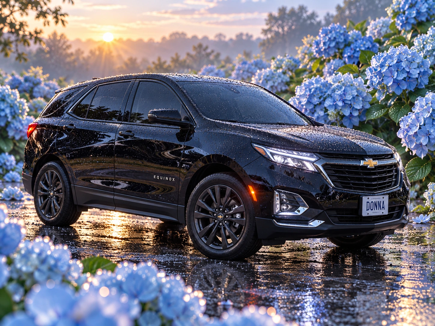 Donna Dew’s black 2025 Chevrolet Equinox. Dewy Black Equinox at Dawn. Fictional automotive artwork.