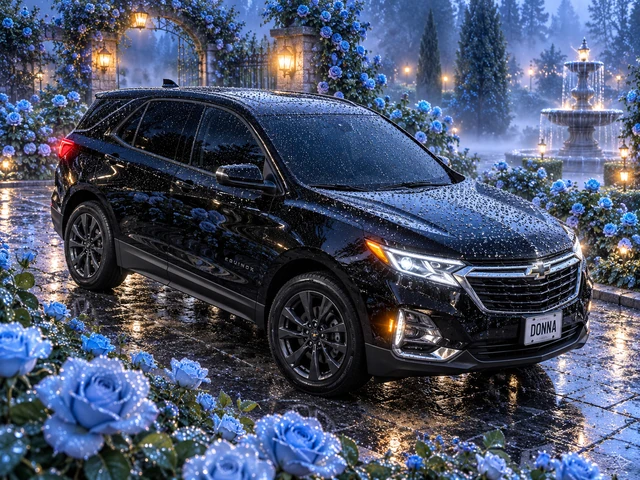 Donna Dew’s black 2025 Chevrolet Equinox. Black Equinox Amid Dewy Blue Roses. Fictional automotive artwork.