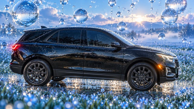 Donna Dew’s black 2025 Chevrolet Equinox. Black Equinox Beneath Giant Dew Spheres. Fictional automotive artwork.