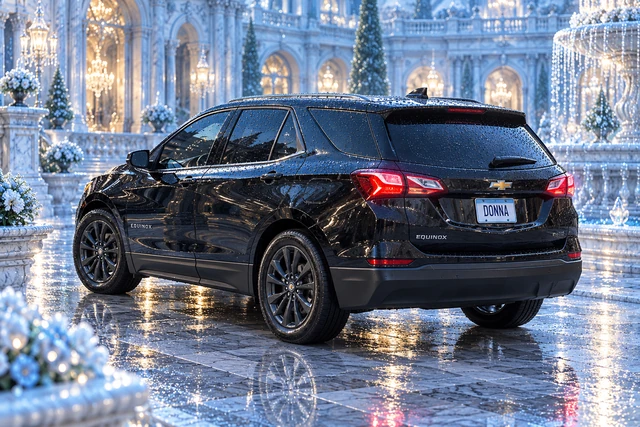 Donna Dew’s black 2025 Chevrolet Equinox. Dew-kissed black Equinox in blue crystal. Fictional automotive artwork.