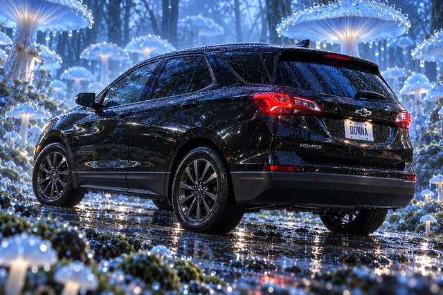 Donna Dew’s black 2025 Chevrolet Equinox. Glossy Black Equinox in Blue Mushroom Forest. Fictional automotive artwork.